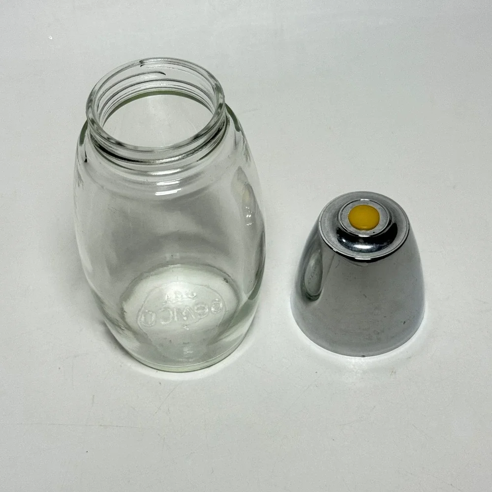 Vintage Gemco Glass Sugar Dispenser Chrome Lid Yellow Button MCM Made in USA